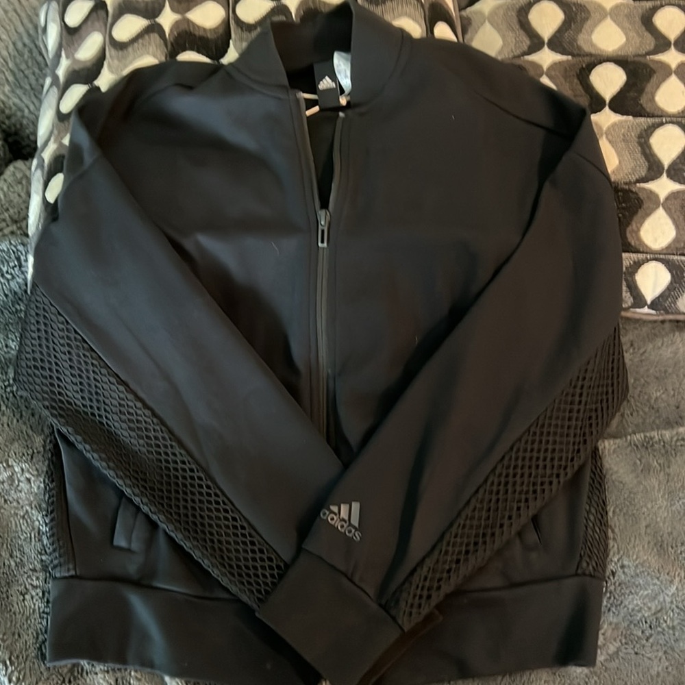 Adidas Track Suit Jacket. Mesh back. Black with Gray stripes. size M. NWOT.